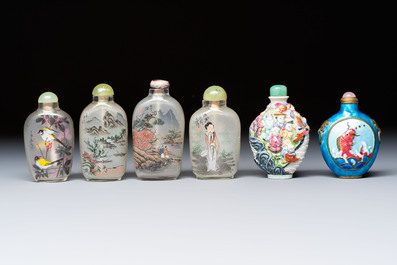 Six Chinese famille rose, enamelled copper and inside-painted glass snuff bottles, various signatures, Qianlong mark, 19/20th C.