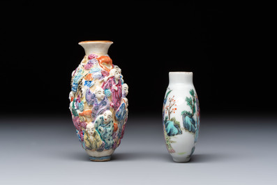 Two Chinese famille rose '18 Luohan' snuff bottles, Qianlong and Daoguang marks, 19th C.