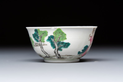 A rare Chinese famille rose erotic 'Milkmaid' cup and saucer, Qianlong, ca. 1740