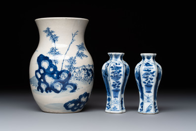A Chinese blue and white vase, a pair of miniature vases, a covered teapot and a covered box, Kangxi and artemisia leaf mark, Kangxi