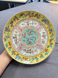 Three Chinese famille rose dishes, two plates, and a saucer, various marks, 19th C.
