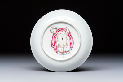 A rare Chinese famille rose erotic 'Milkmaid' cup and saucer, Qianlong, ca. 1740