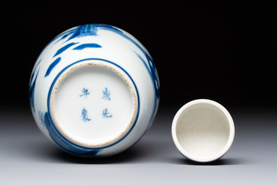 A Chinese blue and white 'Long Eliza' tea caddy and cover, Chenghua mark, Kangxi
