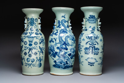 Five Chinese blue and white celadon-ground vases, 19th C.