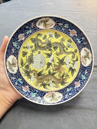 Three Chinese famille rose dishes, two plates, and a saucer, various marks, 19th C.