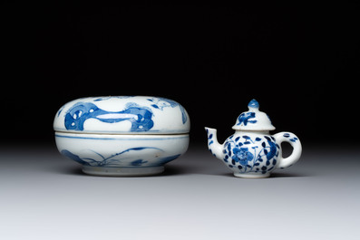 A Chinese blue and white vase, a pair of miniature vases, a covered teapot and a covered box, Kangxi and artemisia leaf mark, Kangxi