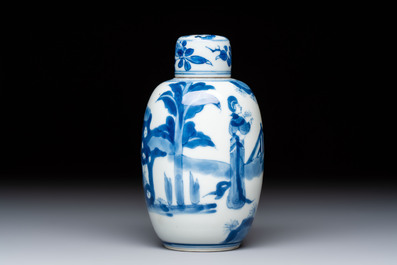 A Chinese blue and white 'Long Eliza' tea caddy and cover, Chenghua mark, Kangxi