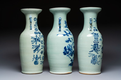 Five Chinese blue and white celadon-ground vases, 19th C.
