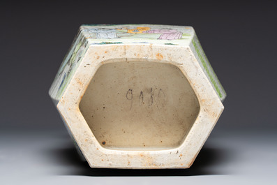 A Chinese Qianjiang cai hexagonal 'Figural' and 'Rooster' vase, signed Gao Hengsheng 高恆生, dated 1897