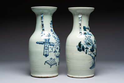 Five Chinese blue and white celadon-ground vases, 19th C.