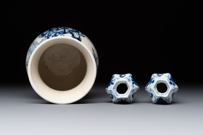 A Chinese blue and white vase, a pair of miniature vases, a covered teapot and a covered box, Kangxi and artemisia leaf mark, Kangxi