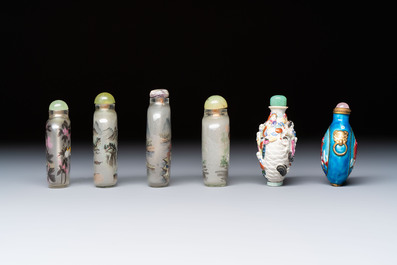 Six Chinese famille rose, enamelled copper and inside-painted glass snuff bottles, various signatures, Qianlong mark, 19/20th C.