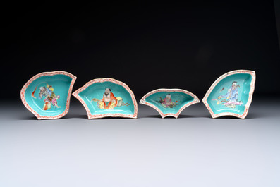 A rare Chinese famille rose turquoise-ground nine-piece 'butterfly' sweetmeat set with immortals, Guangxu mark and of the period