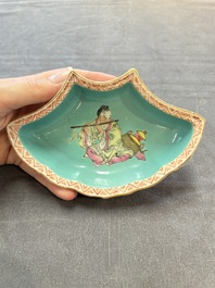 A rare Chinese famille rose turquoise-ground nine-piece 'butterfly' sweetmeat set with immortals, Guangxu mark and of the period