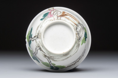 A rare Chinese famille rose erotic 'Milkmaid' cup and saucer, Qianlong, ca. 1740