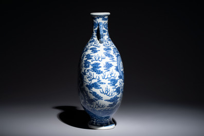 A Chinese blue and white moonflask vase with dragons, 'bianhu', Qianlong mark, Republic