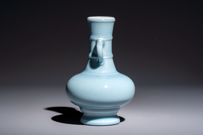 A Chinese claire-de-lune handled vase, with a wooden stand and its original hongmu box, Yongzheng mark, Republic