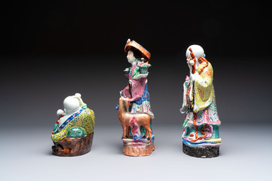 Three Chinese famille rose 'Milefo Buddha', 'Magu' and 'Shoulao' groups, 19/20th C.
