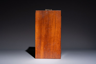 A Chinese claire-de-lune handled vase, with a wooden stand and its original hongmu box, Yongzheng mark, Republic