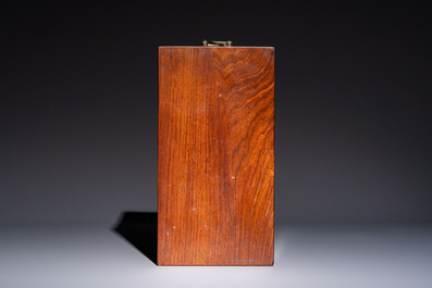 A Chinese claire-de-lune handled vase, with a wooden stand and its original hongmu box, Yongzheng mark, Republic