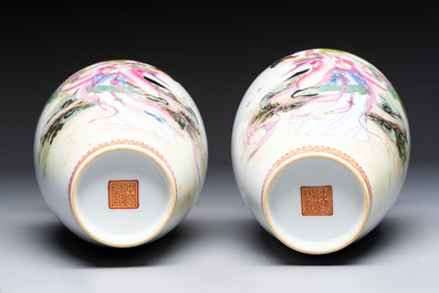 A pair of Chinese famille rose 'Dream of the Red Chamber 紅樓夢' vases, Jing De Zhen Zhi 景德鎮製 mark, signed Zhao Huimin 趙惠民, dated 1961