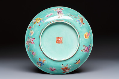 A Chinese famille rose turquoise-ground 'Playing Boys' plate, Qianlong mark, Republic