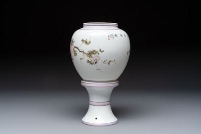 A Chinese famille rose 'Birds among Flowering Branches' eggshell lantern on stand, signed Yuan Qing 元清, dated 1987