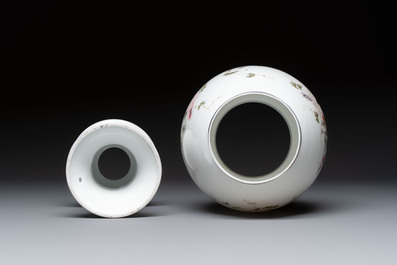 A Chinese famille rose 'Birds among Flowering Branches' eggshell lantern on stand, signed Yuan Qing 元清, dated 1987