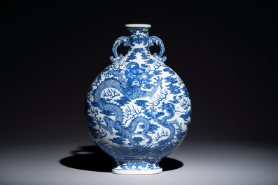A Chinese blue and white moonflask vase with dragons, 'bianhu', Qianlong mark, Republic