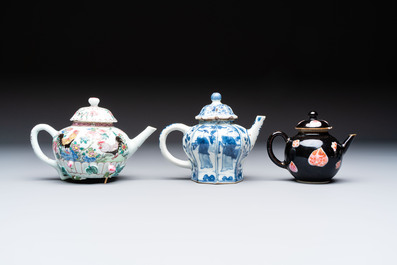 Three Chinese blue and white, famille rose and black-glazed covered teapots, a salt, an Imari-style covered bowl, and a famille verte bowl, 18th C.