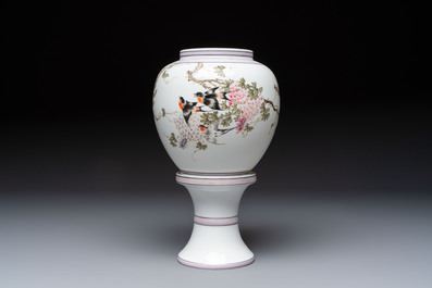 A Chinese famille rose 'Birds among Flowering Branches' eggshell lantern on stand, signed Yuan Qing 元清, dated 1987