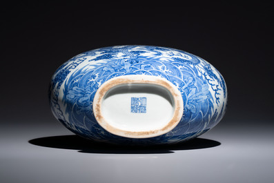 A Chinese blue and white moonflask vase with dragons, 'bianhu', Qianlong mark, Republic