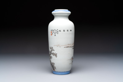 A Chinese polychrome-decorated 'Winter Landscape' vase, signed He Xuren 何許人 and with seal mark, dated 1934