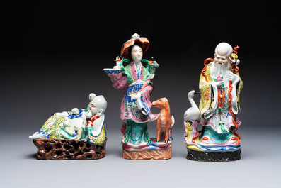 Three Chinese famille rose 'Milefo Buddha', 'Magu' and 'Shoulao' groups, 19/20th C.