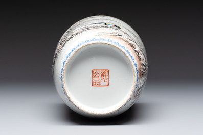 A Chinese polychrome-decorated 'Winter Landscape' vase, signed He Xuren 何許人 and with seal mark, dated 1934