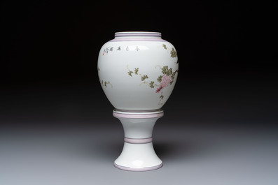 A Chinese famille rose 'Birds among Flowering Branches' eggshell lantern on stand, signed Yuan Qing 元清, dated 1987