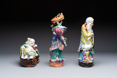 Three Chinese famille rose 'Milefo Buddha', 'Magu' and 'Shoulao' groups, 19/20th C.
