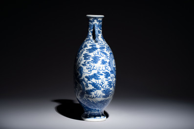 A Chinese blue and white moonflask vase with dragons, 'bianhu', Qianlong mark, Republic