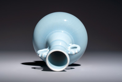 A Chinese claire-de-lune handled vase, with a wooden stand and its original hongmu box, Yongzheng mark, Republic