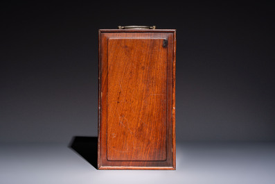 A Chinese claire-de-lune handled vase, with a wooden stand and its original hongmu box, Yongzheng mark, Republic