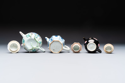 Three Chinese blue and white, famille rose and black-glazed covered teapots, a salt, an Imari-style covered bowl, and a famille verte bowl, 18th C.