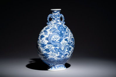 A Chinese blue and white moonflask vase with dragons, 'bianhu', Qianlong mark, Republic