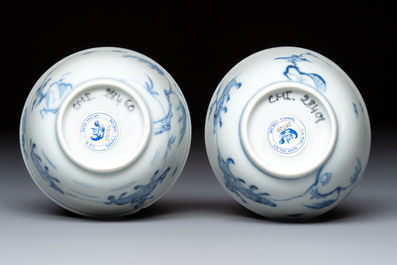 A pair of Chinese blue and white 'Ca Mau' shipwreck cups and saucers, Yongzheng