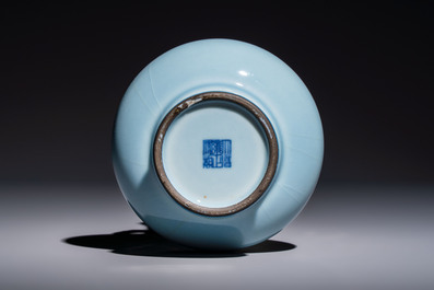 A Chinese claire-de-lune handled vase, with a wooden stand and its original hongmu box, Yongzheng mark, Republic