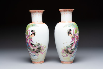 A pair of Chinese famille rose 'Dream of the Red Chamber 紅樓夢' vases, Jing De Zhen Zhi 景德鎮製 mark, signed Zhao Huimin 趙惠民, dated 1961