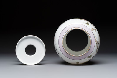 A Chinese famille rose 'Birds among Flowering Branches' eggshell lantern on stand, signed Yuan Qing 元清, dated 1987