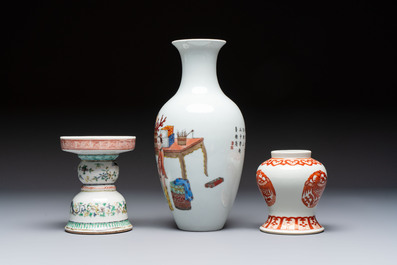 A Chinese polychrome 'Erotic' vase, an iron-red 'Phoenix' jar and a famille verte 'Dragon' stand,  Chun Yi Tang Zhi 春怡堂制 and Tongzhi mark, 19/20th C.