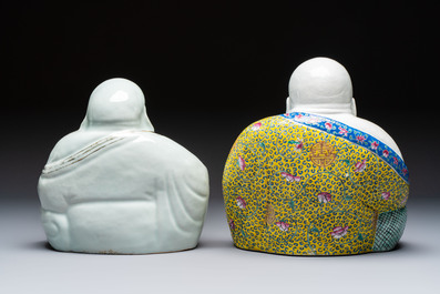 A Chinese famille rose Milefo Buddha and a white-glazed gilt-decorated Milefo Buddha, Wei Hongtai 魏洪泰 and Zhu Yishun 朱義順 mark, Republic