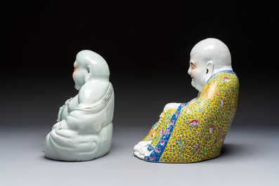 A Chinese famille rose Milefo Buddha and a white-glazed gilt-decorated Milefo Buddha, Wei Hongtai 魏洪泰 and Zhu Yishun 朱義順 mark, Republic