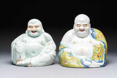A Chinese famille rose Milefo Buddha and a white-glazed gilt-decorated Milefo Buddha, Wei Hongtai 魏洪泰 and Zhu Yishun 朱義順 mark, Republic